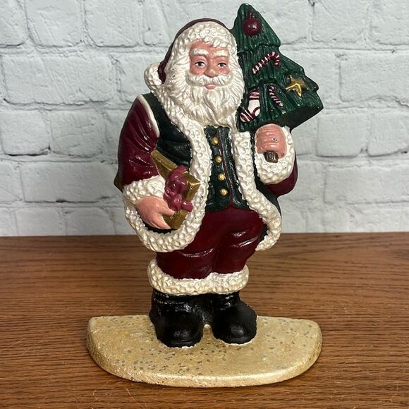Vintage Cast Iron Santa Holding a Tree & present Door Stop 6.5” x 9” x 2.5” - Picture 1 of 5